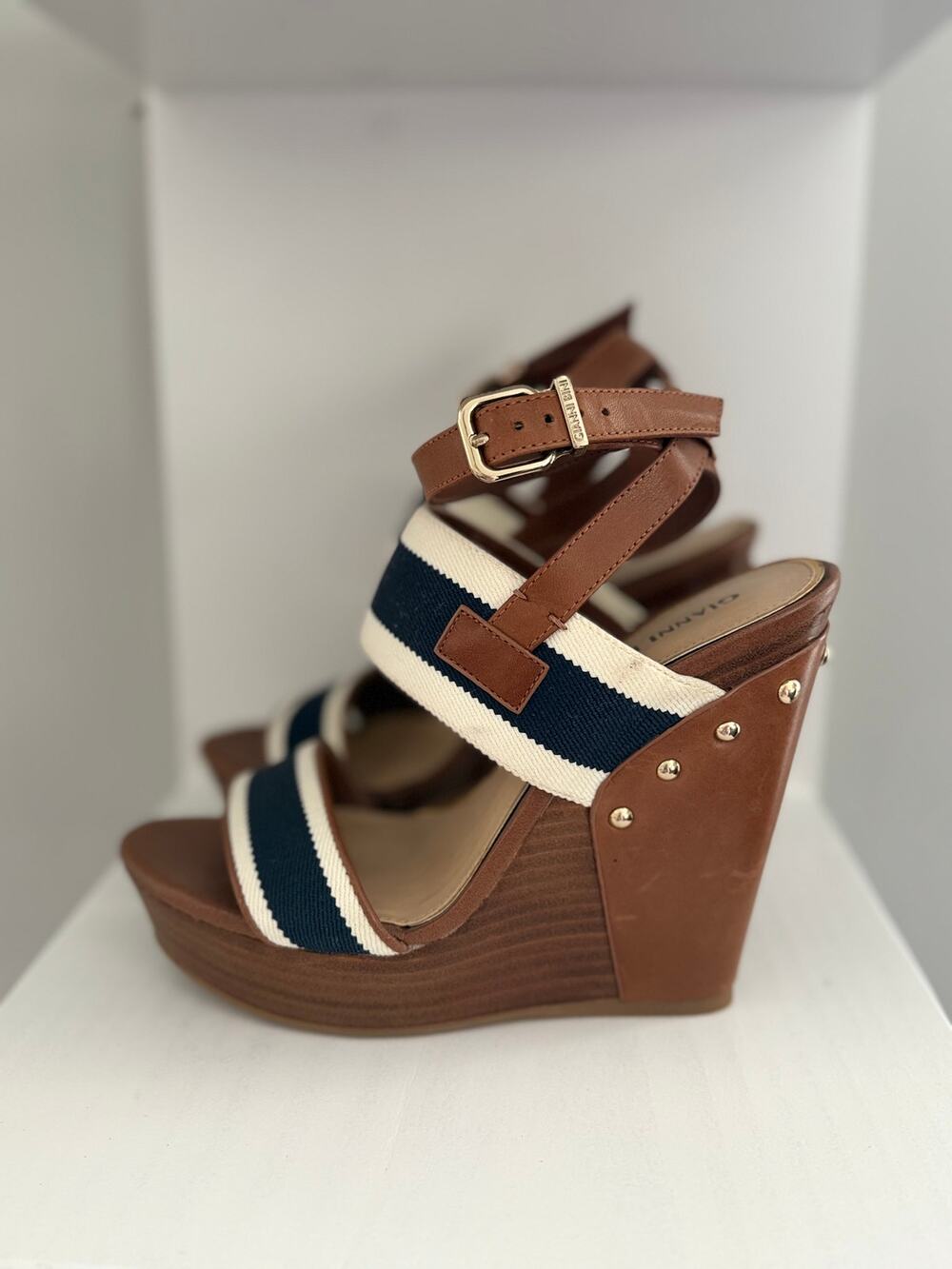 Gianni Bini Striped Canvas Ankle Strap Platform Wedge Heels Sandals Womens 7M